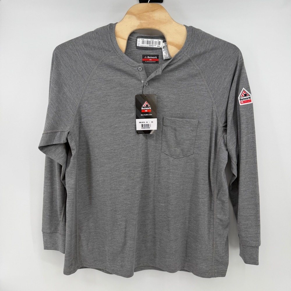 NEW Bulwark FR Flame Resistant Henley Mens XXL Gray Long Sleeve Pocket Shirt